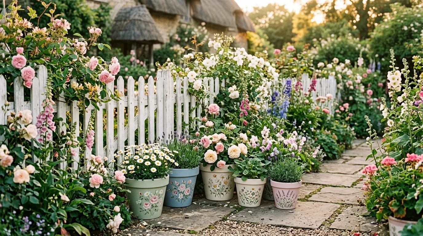 A mixed height collection of colorful painted flower pots, no people