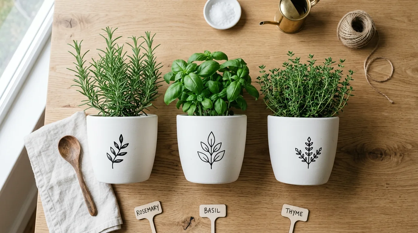 Patterned painted flower pots giving a porch entry character, no people