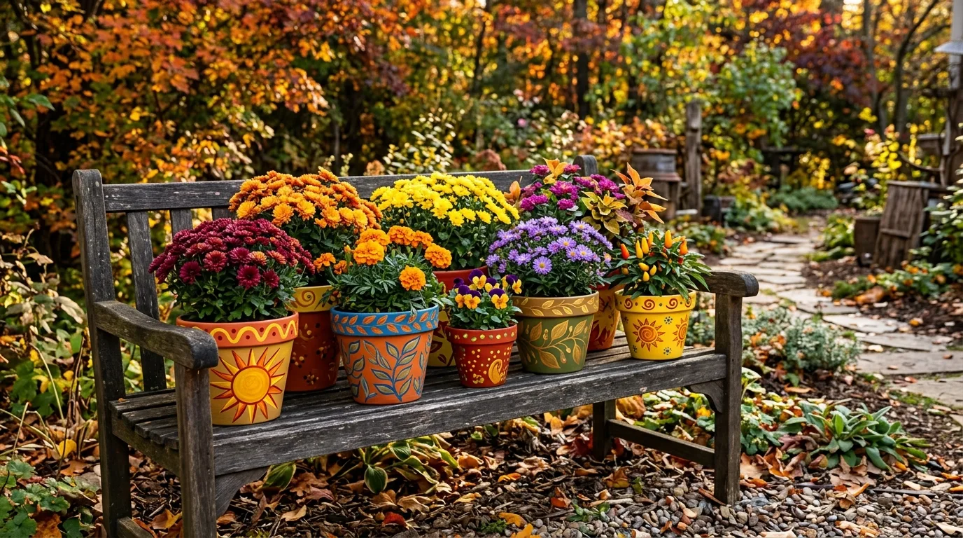 A boho grouping of colorful painted flower pots with artistic charm, no people