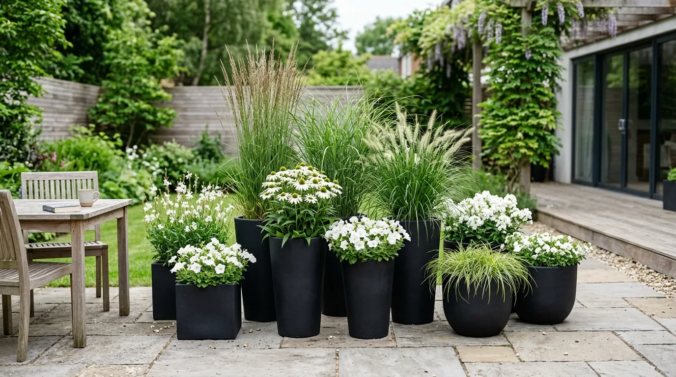 Inspiring sculptural flower pot designs in a stylish garden setting, no people