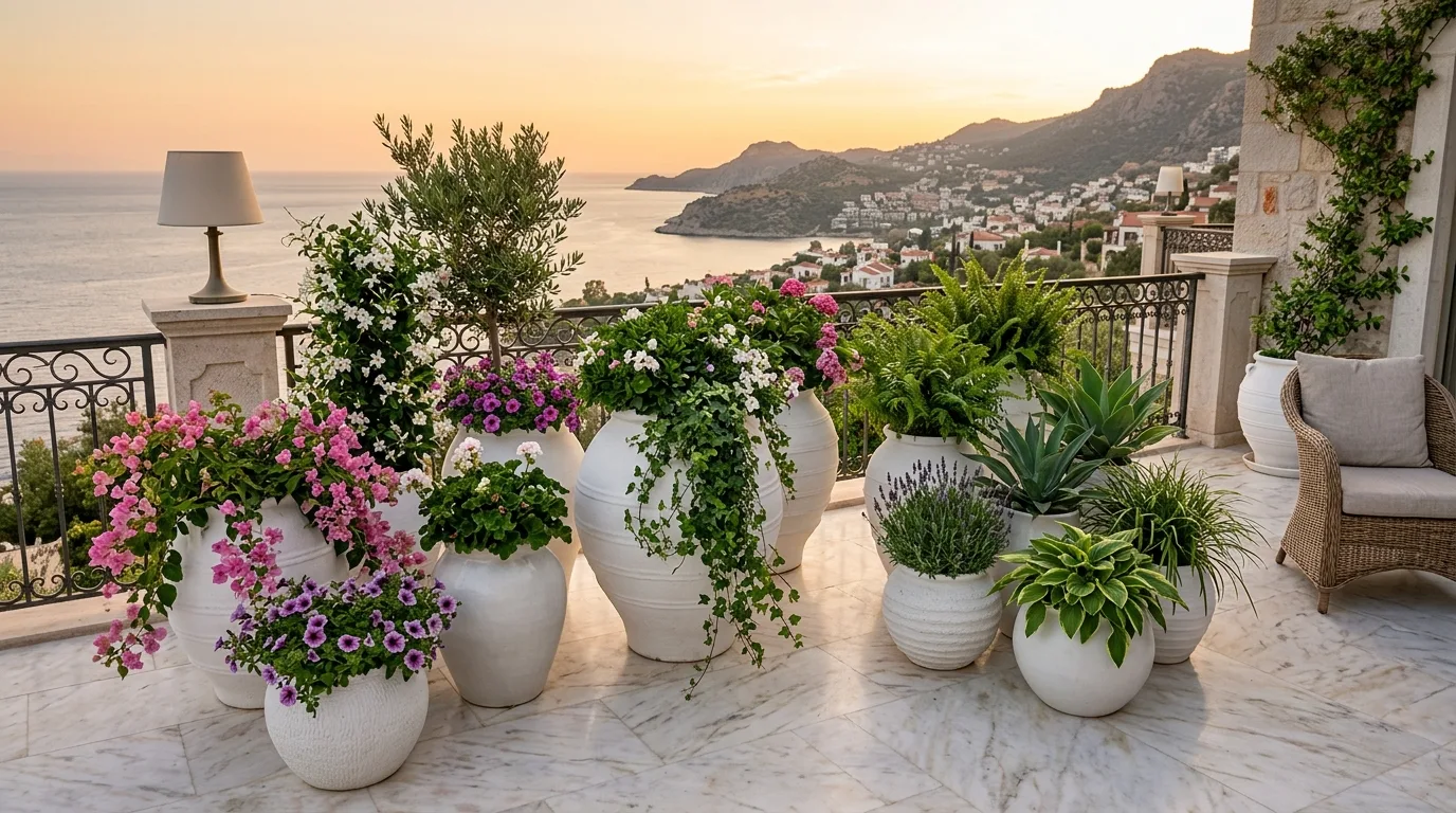 Ribbed ceramic flower pot designs on a stylish patio, no people