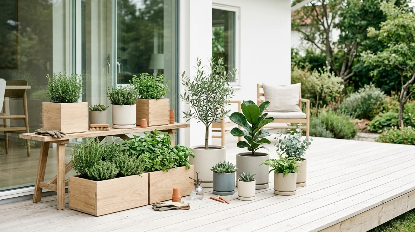 Tall tapered flower pot designs sharpening a contemporary entry, no people