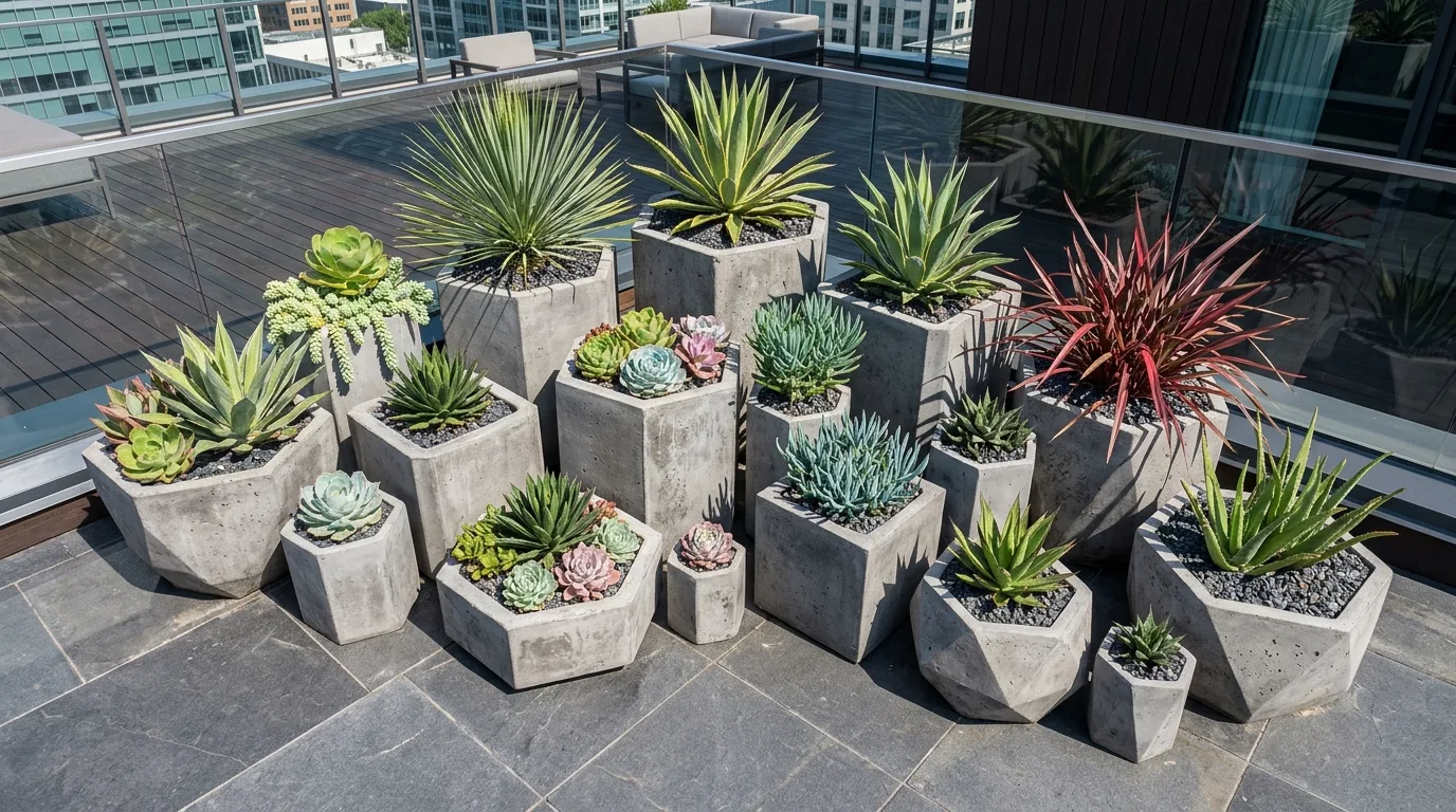 Low bowl flower pot designs creating a calm garden display, no people