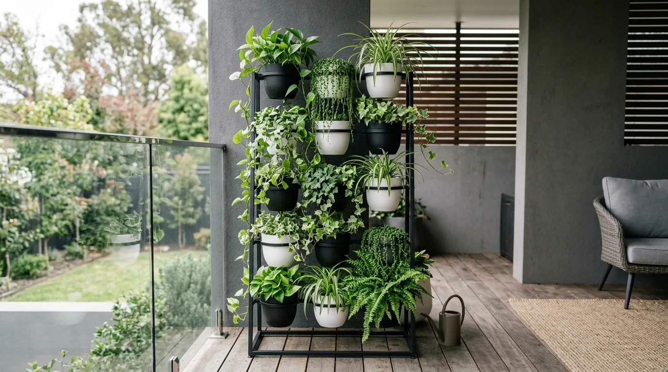 Nested flower pot designs creating visual rhythm in a garden, no people