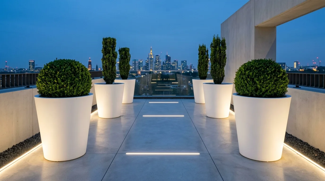 Rounded clay flower pot designs softening a crisp courtyard, no people