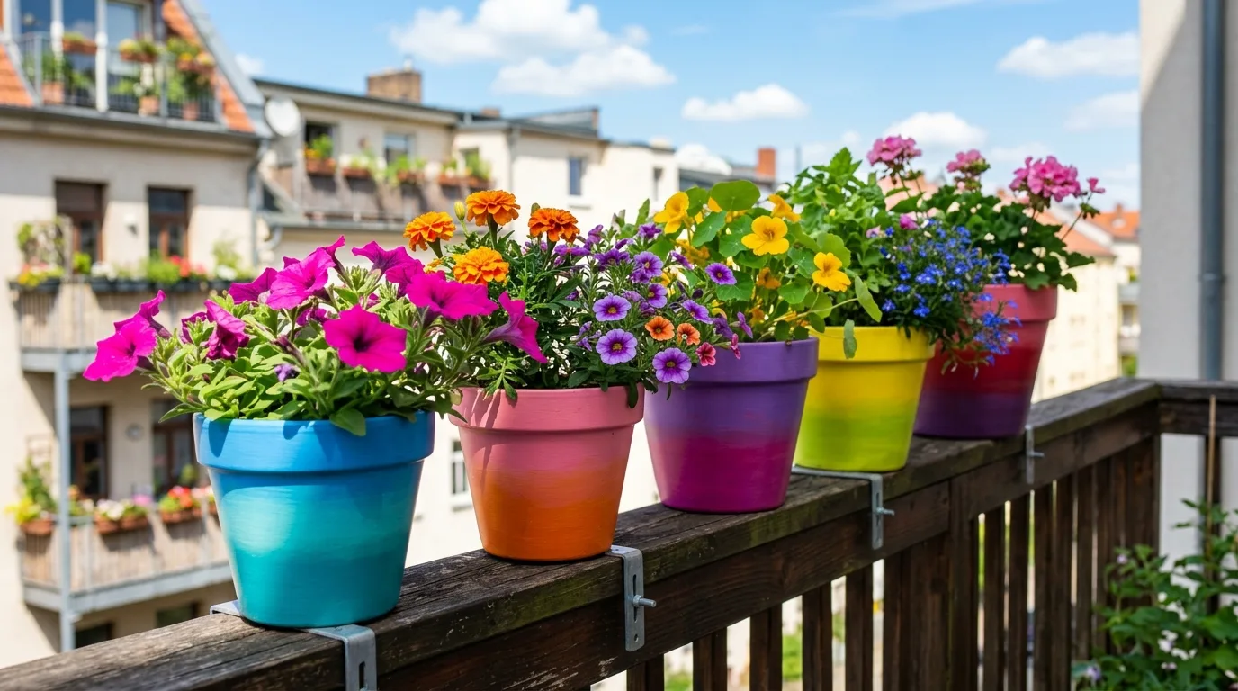 Glossy statement flower pot designs on a bright balcony, no people