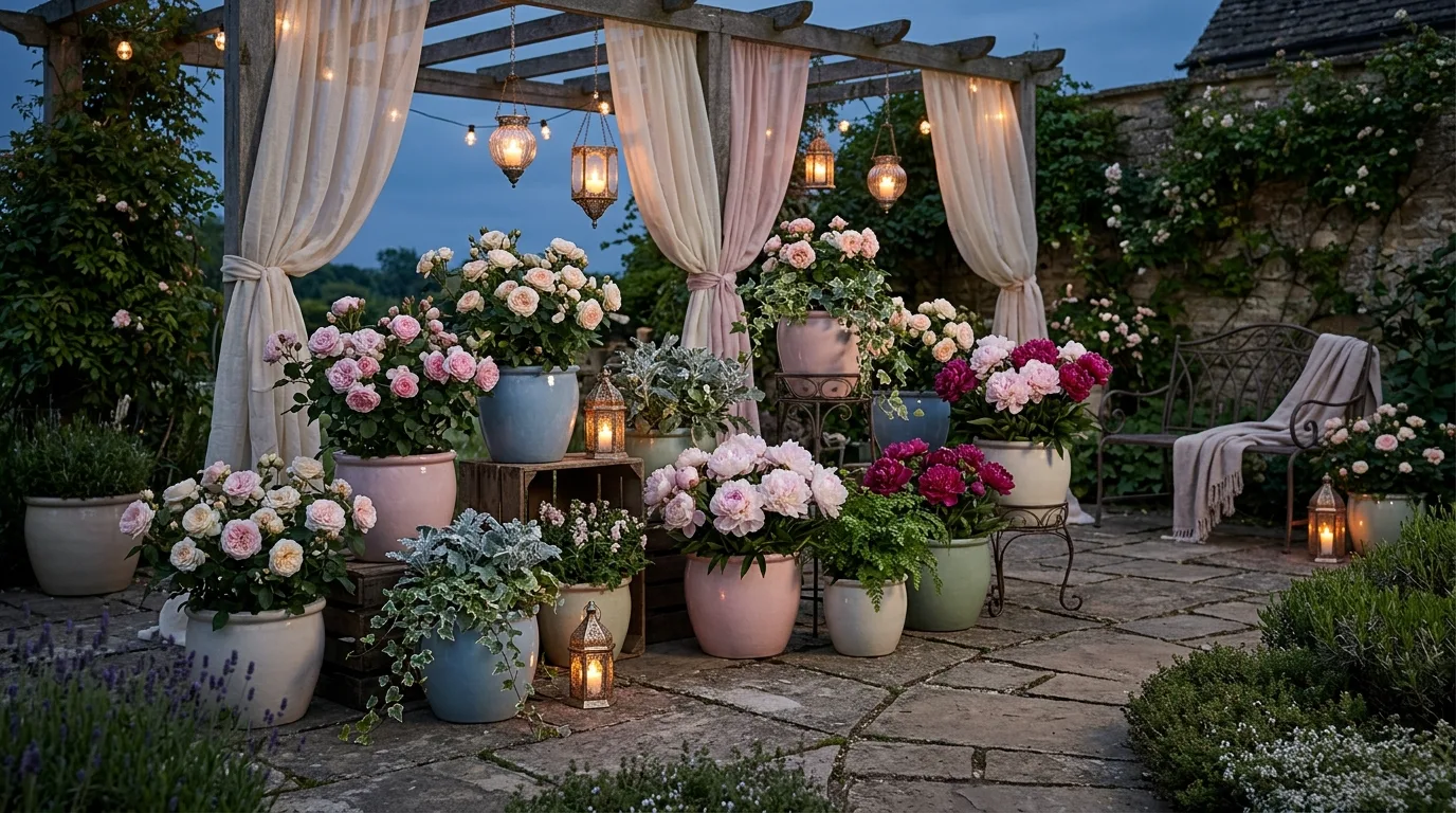 Mixed material flower pot designs creating a stylish garden display, no people