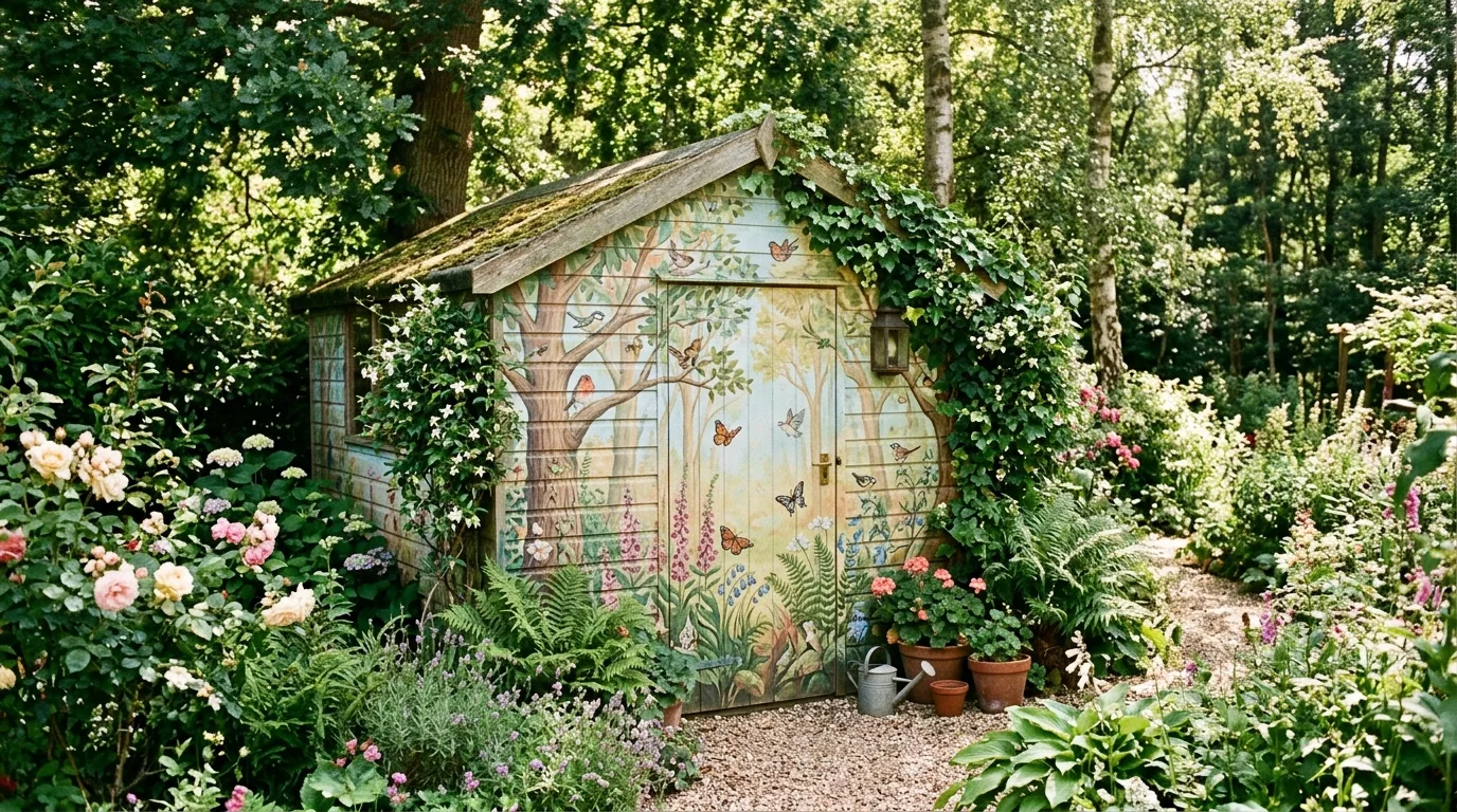 A modern botanical line art shed mural in a backyard, no people