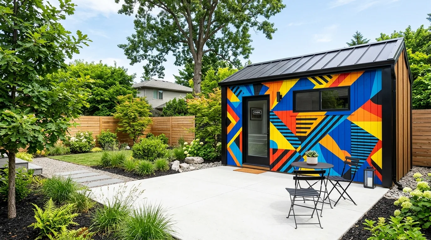 A sunrise landscape outdoor shed mural brightening a backyard corner, no people