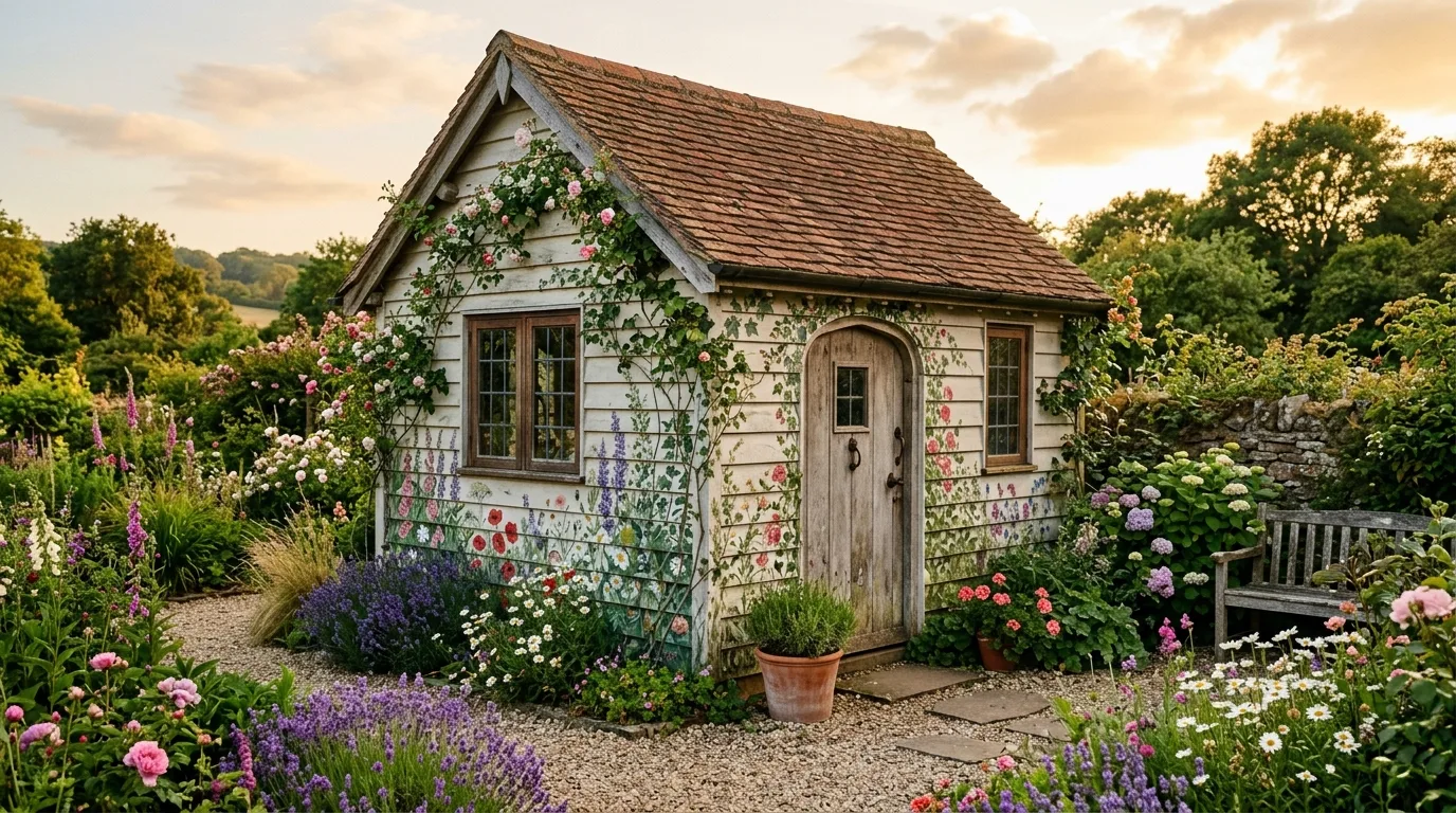A playful fruit and flower mural painted on an outdoor shed, no people