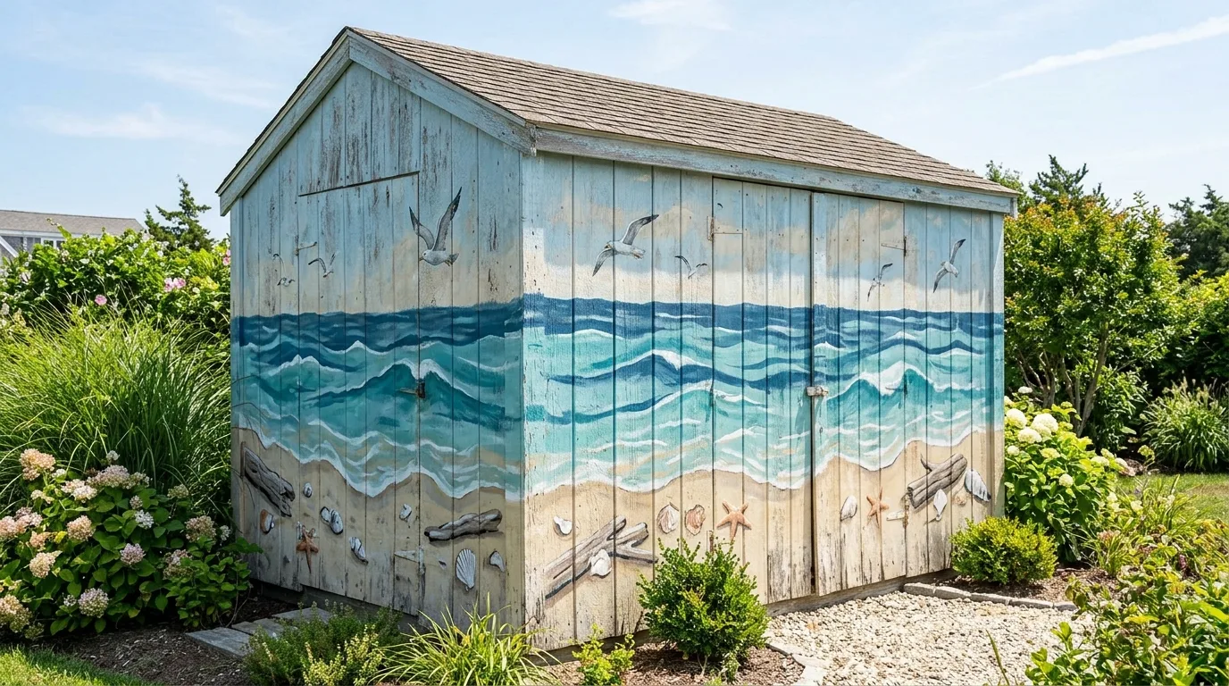 A moody forest themed outdoor shed mural in a backyard, no people