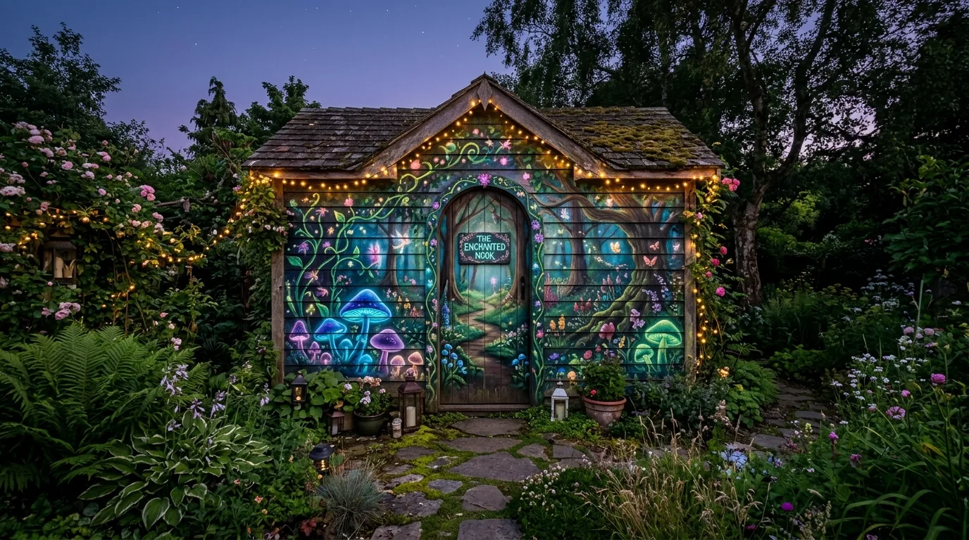 A bold geometric outdoor shed mural in a modern backyard, no people