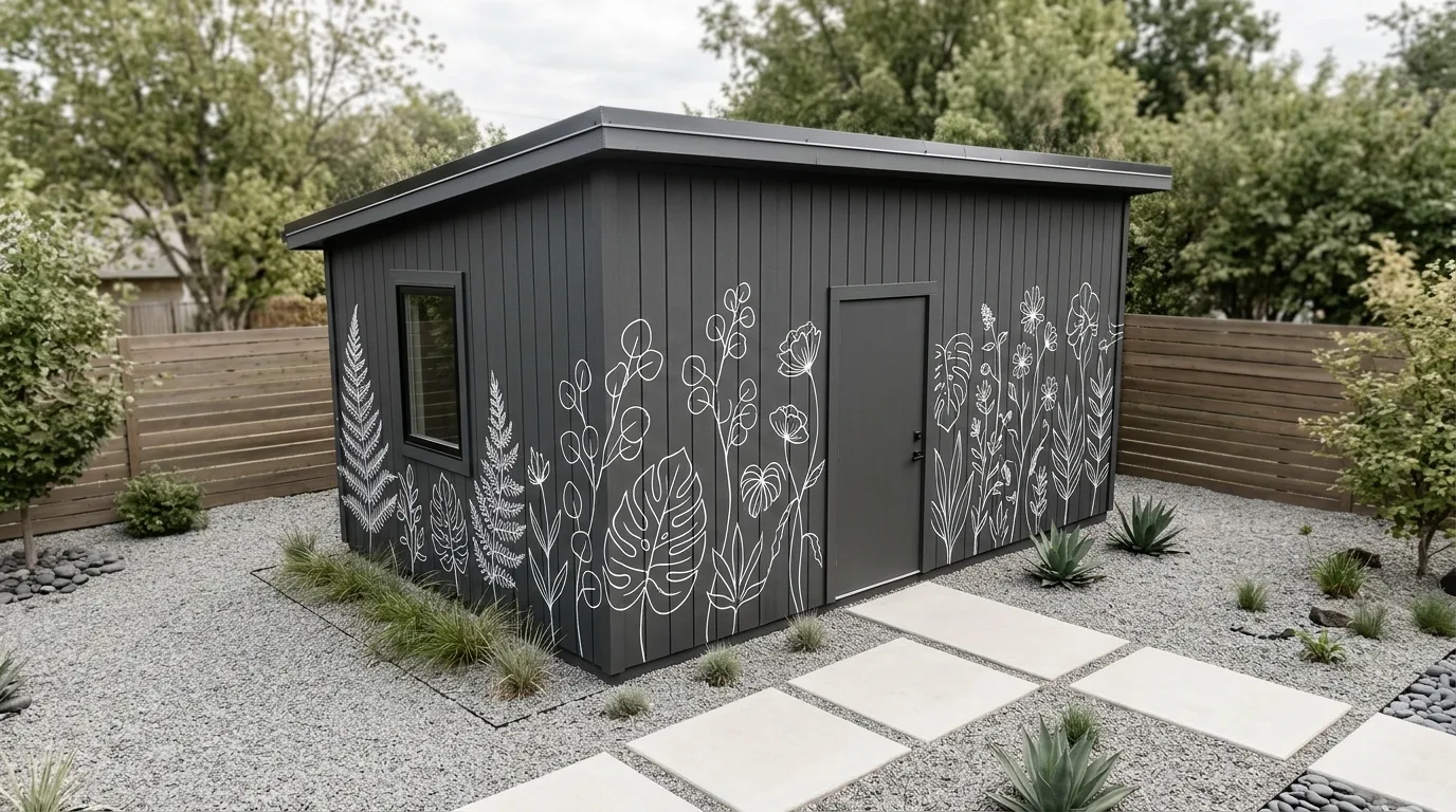 A cottage floral mural softening an outdoor storage shed, no people