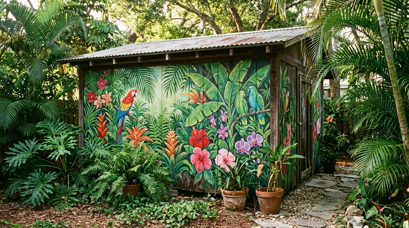 A desert landscape mural painted on an outdoor shed, no people