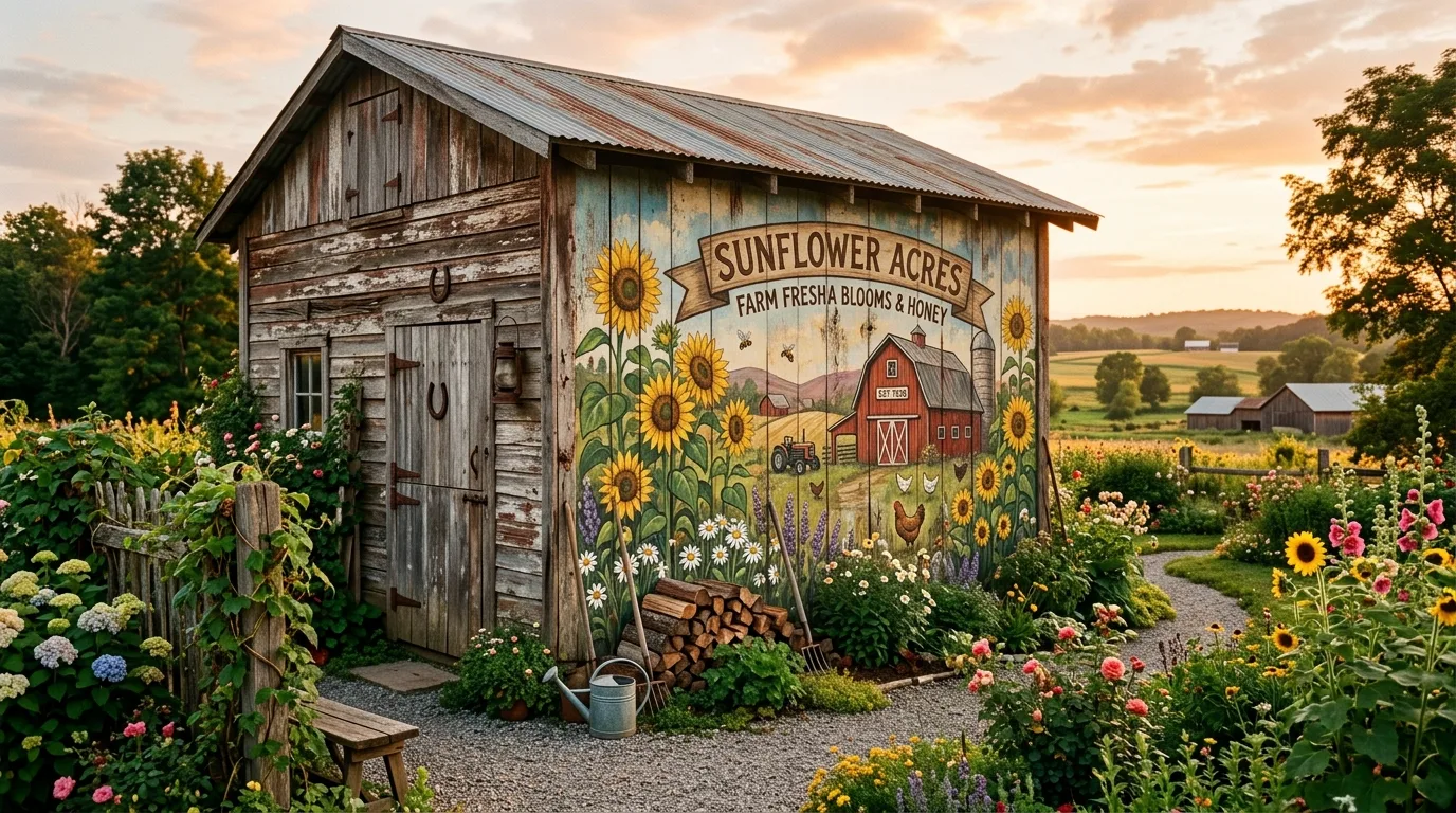 A playful family inspired outdoor shed mural in a backyard, no people