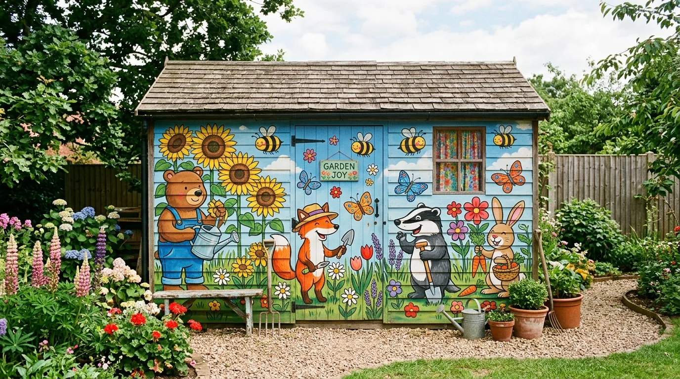 A trailing vine outdoor shed mural blending into garden planting, no people