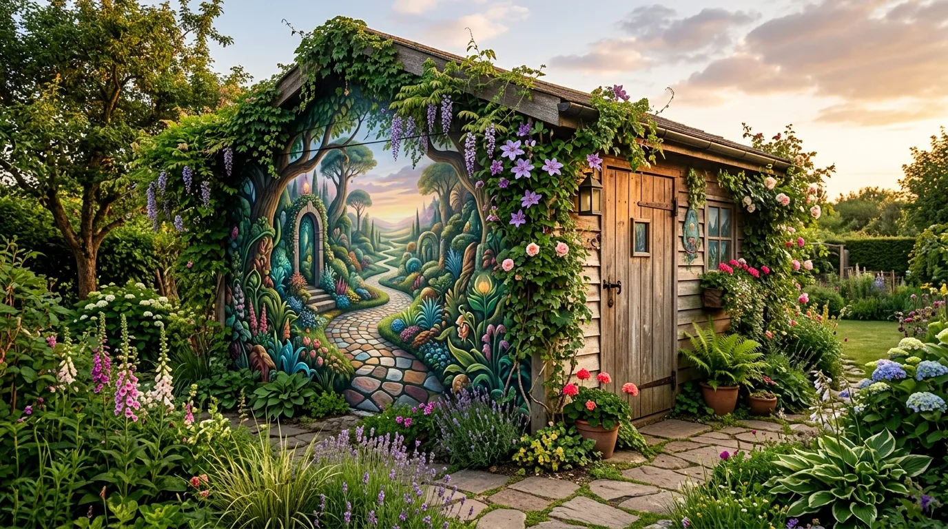 A colorful abstract mural painted on an outdoor shed in a compact yard, no people