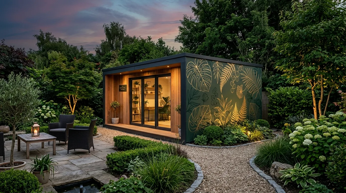 An artistic outdoor shed mural paired with planters in a focal corner, no people