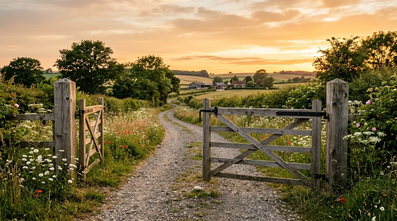 A rustic wooden five bar farm gate at a country entrance, no people