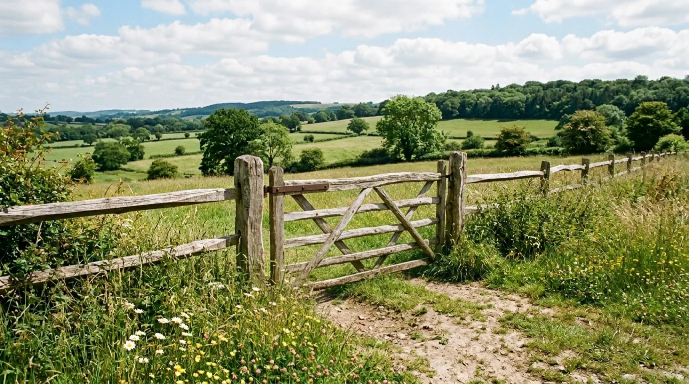 A weathered split rail farm gate with fieldstone posts, no people