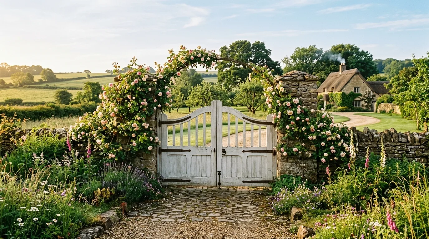 A white painted rustic farm gate at a cottage style drive, no people