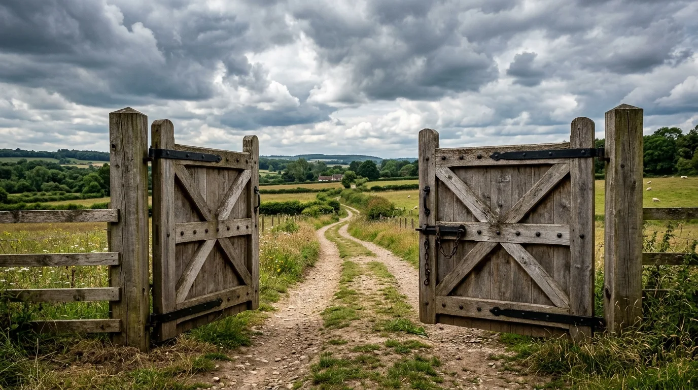 A rustic metal and wood farm gate at a welcoming entrance, no people