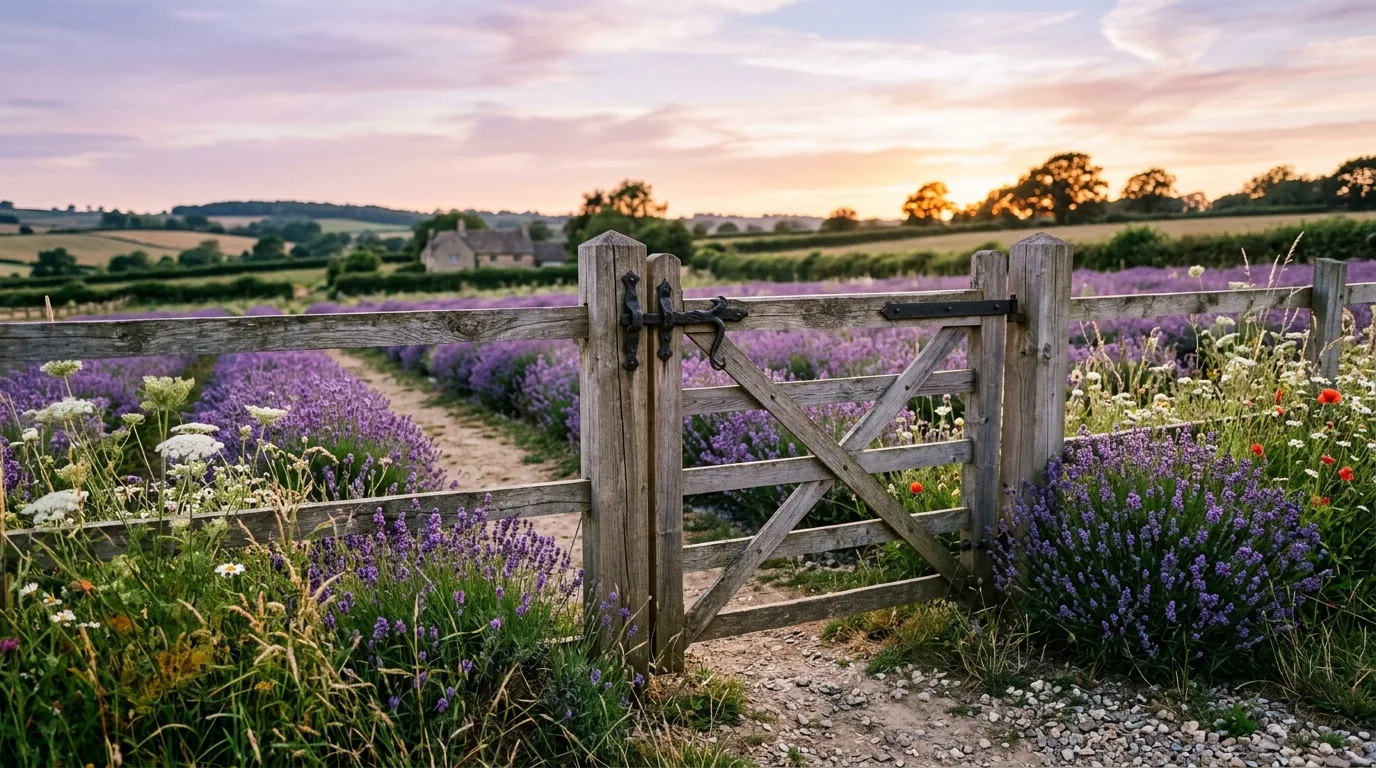 An arched rustic farm gate creating a graceful entrance, no people