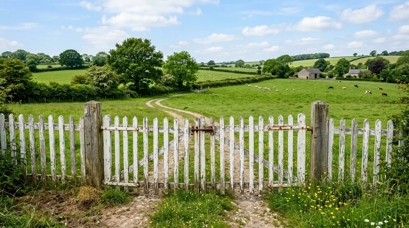 A broad double rustic farm gate at a country driveway, no people