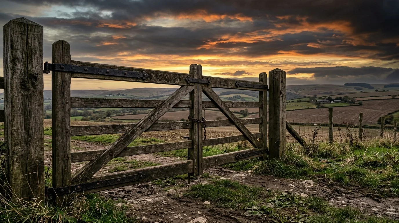 A rustic pasture farm gate softened by nearby climbing roses, no people