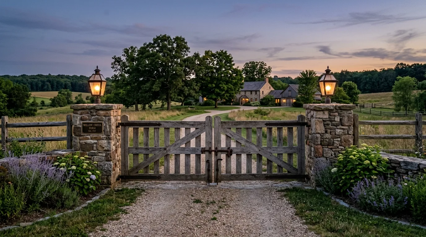 A dark stained rustic farm gate against golden grassland, no people