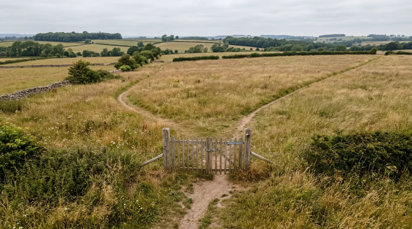 A rustic farm gate paired with lantern posts at dusk, no people