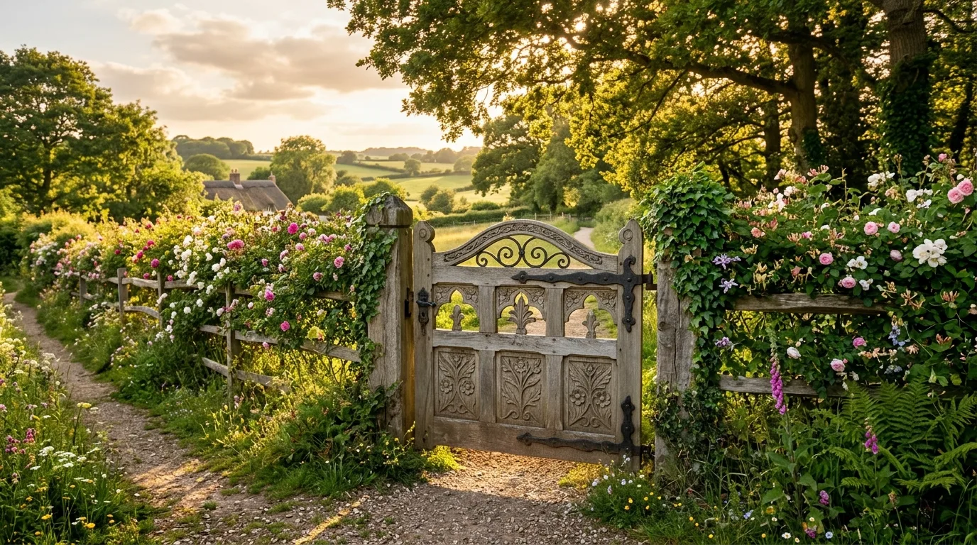 A ranch style rustic farm gate with clean lines, no people
