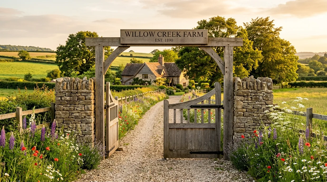 A rustic farm gate framing a gravel lane entrance, no people