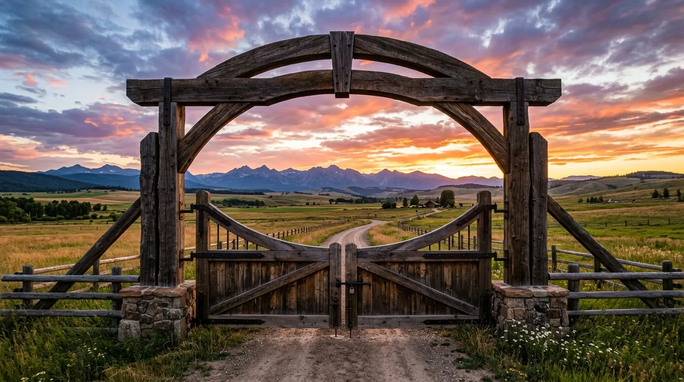 A handcrafted rustic farm gate with memorable custom detail, no people