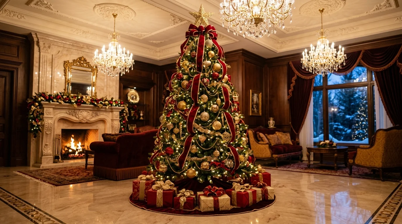 A luxurious red and gold Christmas tree decorated with ornate ornaments, rich ribbon, and regal holiday styling in a warmly lit interior, no people