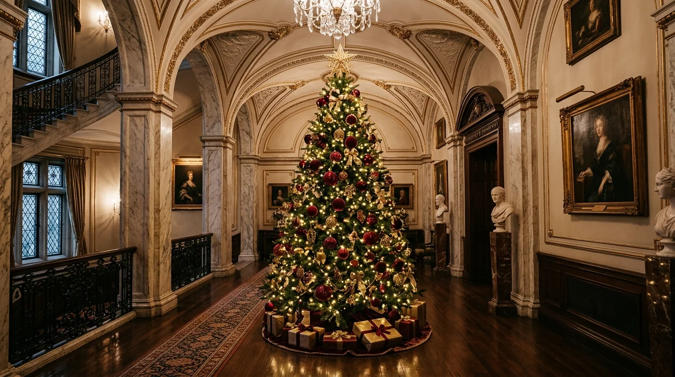 A red and gold Christmas tree wrapped in velvet ribbon with warm lights and rich festive detail, no people