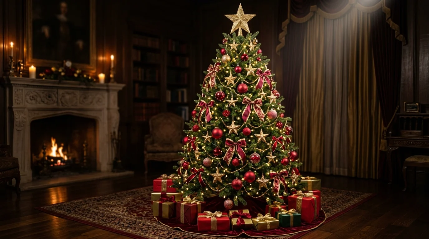 A regal red and gold Christmas tree with a dramatic topper, classic ornaments, and elegant layered holiday styling, no people