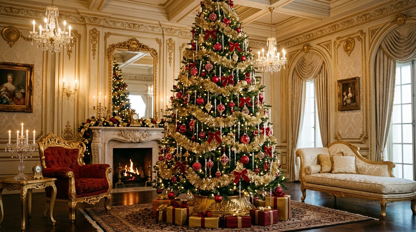 A luxurious red and gold Christmas tree accented with gold floral picks, crimson ornaments, and glowing lights, no people