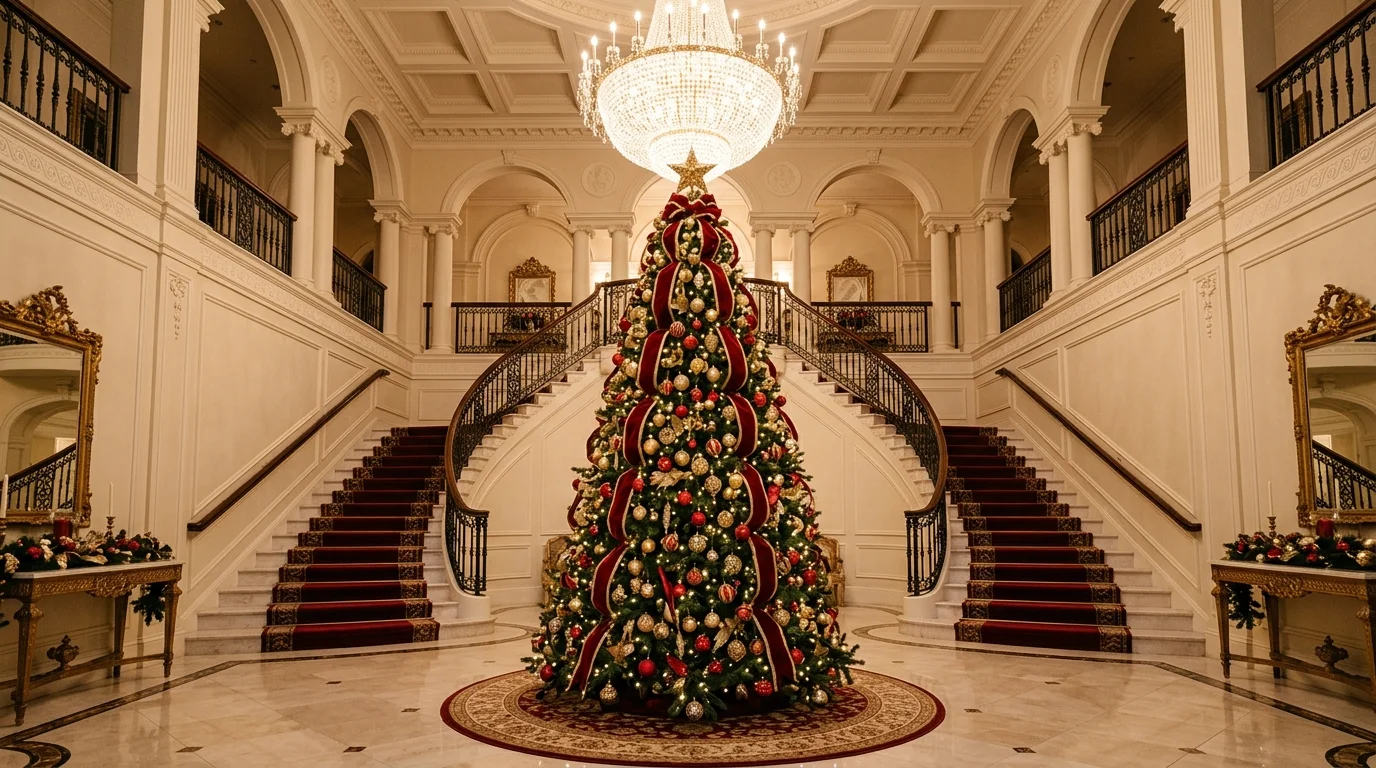 A festive red and gold Christmas tree with classic red baubles, bright metallic accents, and elegant holiday lighting, no people