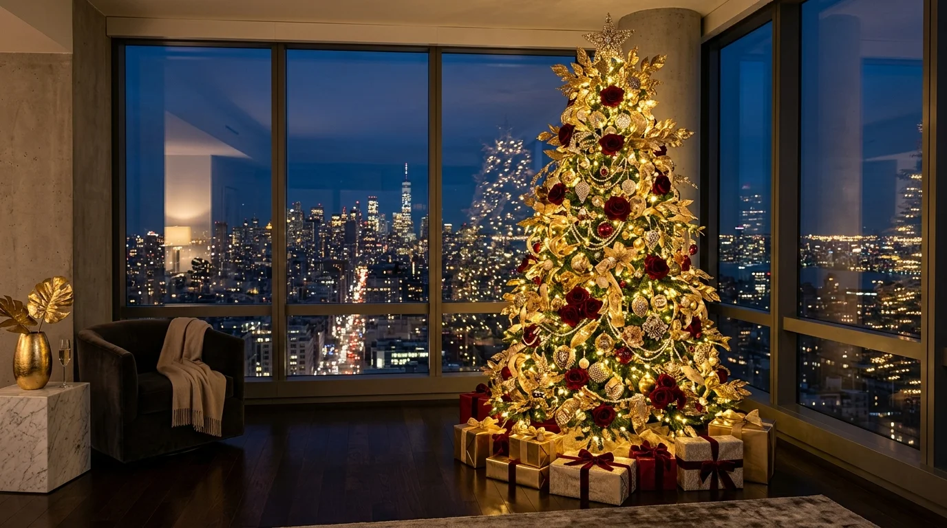 A red and gold Christmas tree glowing beside a fireplace with warm lights, rich ornaments, and regal festive ambiance, no people