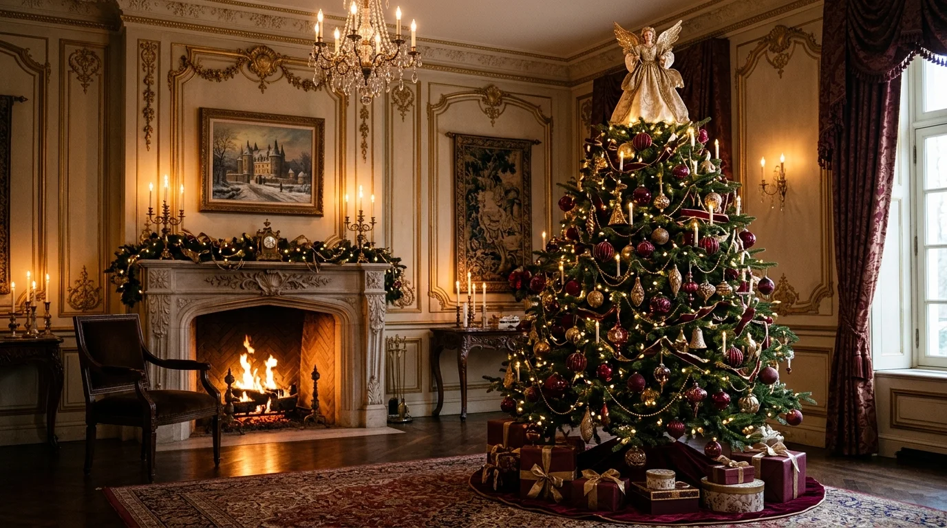 An elegant red and gold Christmas tree with cascading ribbon, luxurious ornaments, and rich holiday styling, no people