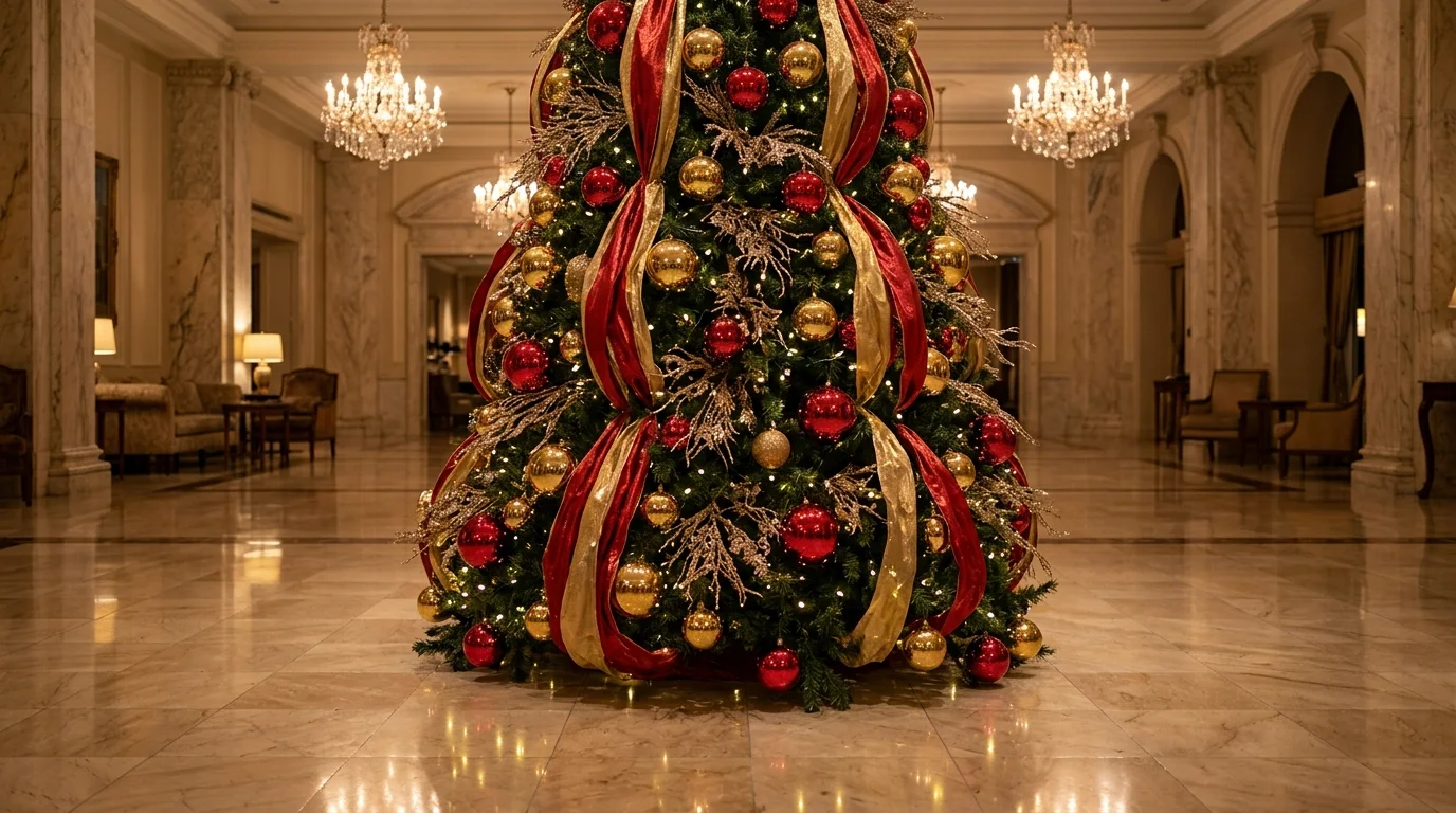 A luxurious berry-red and antique-gold Christmas tree styled with rich ornaments and warm festive lighting, no people