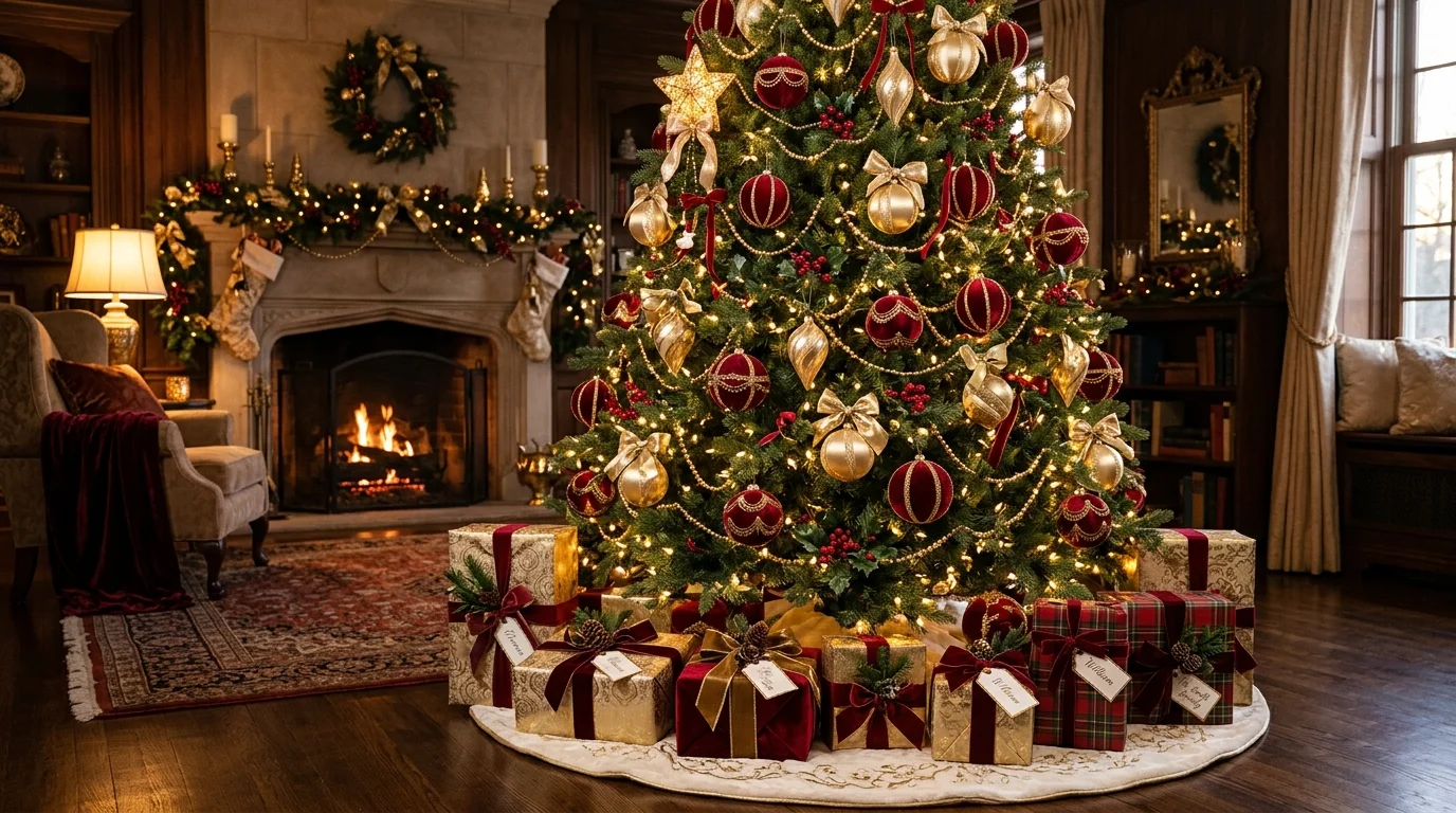 A polished red and gold Christmas tree styled for an elegant entryway with rich ornaments and warm holiday light, no people