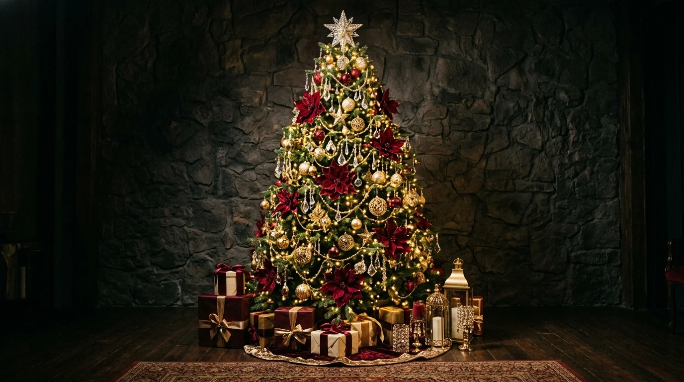 A regal red and gold Christmas tree with rose-gold accents, glowing lights, and elegant festive detail, no people
