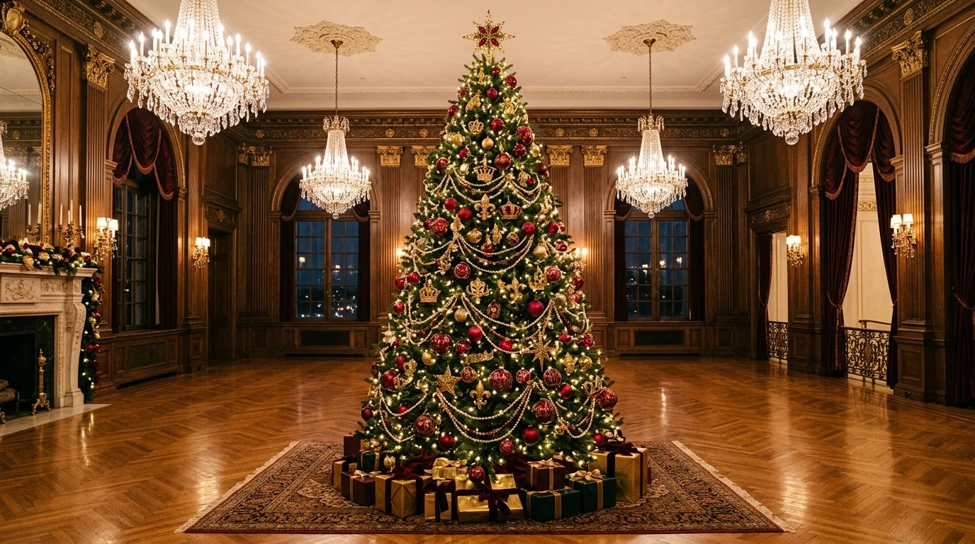 A lavish red and gold Christmas tree filled with dense ornaments, ribbon, and luxurious holiday sparkle, no people