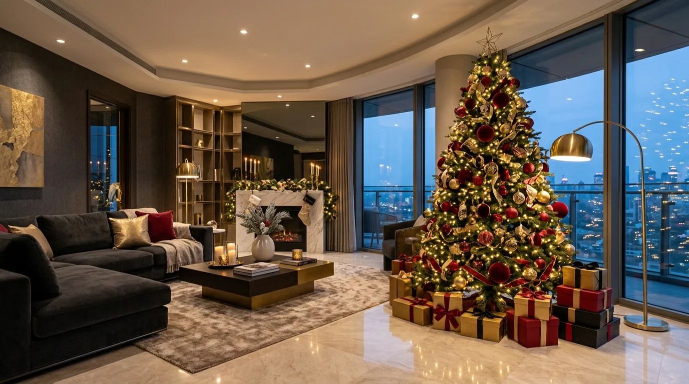 A red and gold Christmas tree styled with gold stars, rich ornaments, and glowing festive warmth, no people