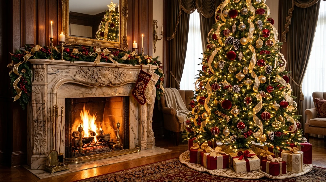 An heirloom-inspired red and gold Christmas tree with formal ornaments and rich elegant holiday styling, no people