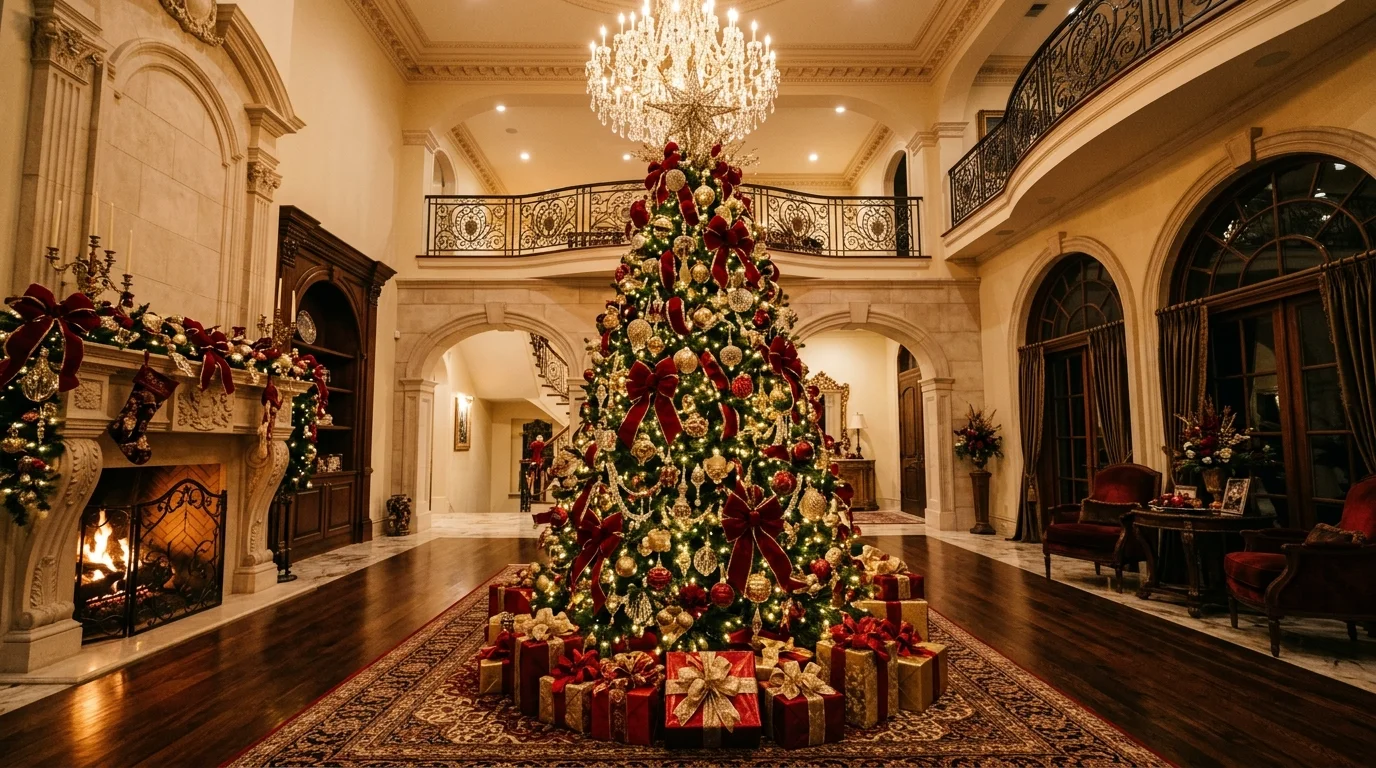 A luxurious red and gold Christmas tree with oversized bows, rich metallic accents, and regal festive styling, no people