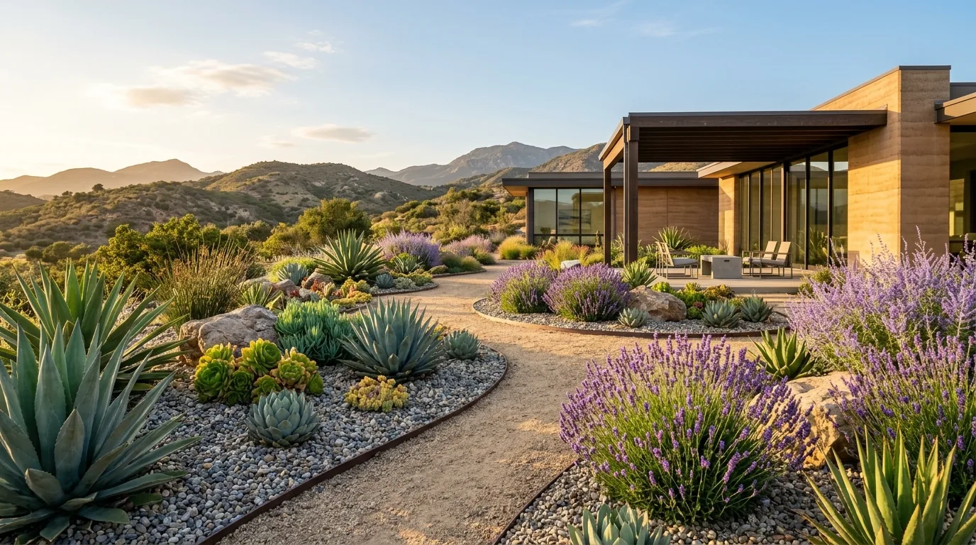 A breezy California landscape with gravel grasses and drought tolerant planting, no people