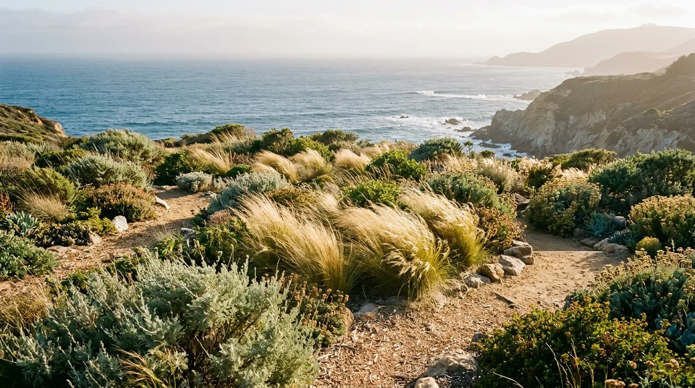 A California front yard with agaves and decomposed granite, no people